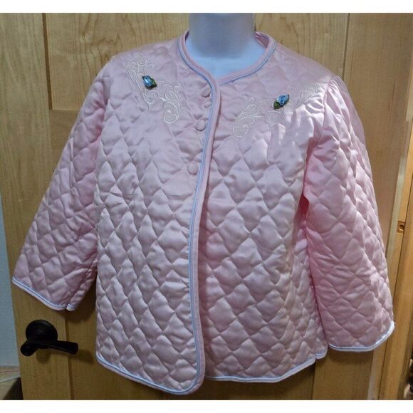 Vintage Appel Quilted Pink Satin Robe Jacket With Floral Embroidery & Buttons - Picture 1 of 9